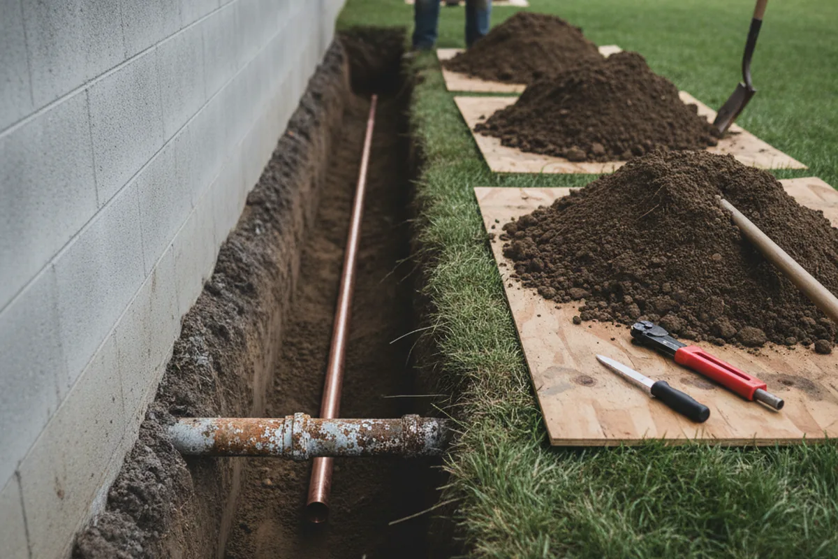 Excavated water line trench during Water Heater Repair in Elwood